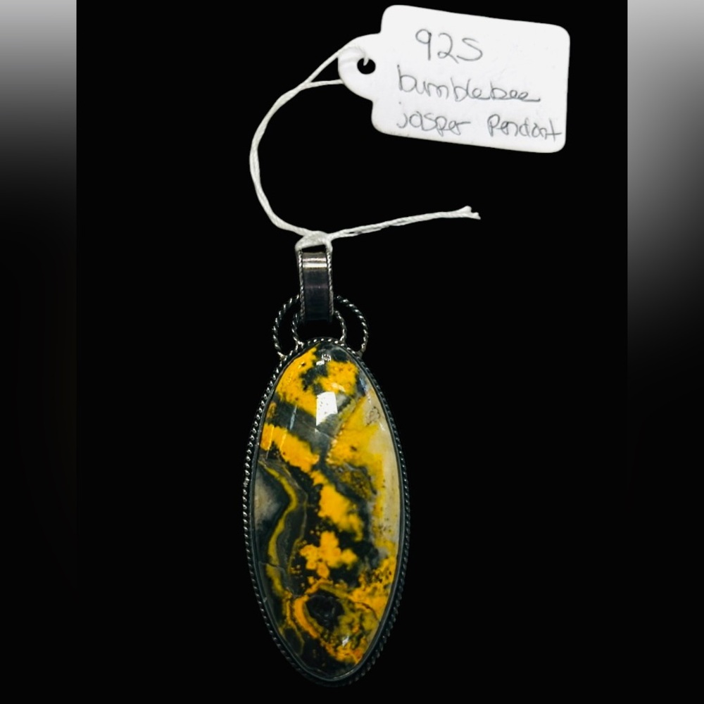Vintage 925 sterling silver yellow bumblebee jasper oval shaped necklace pendant